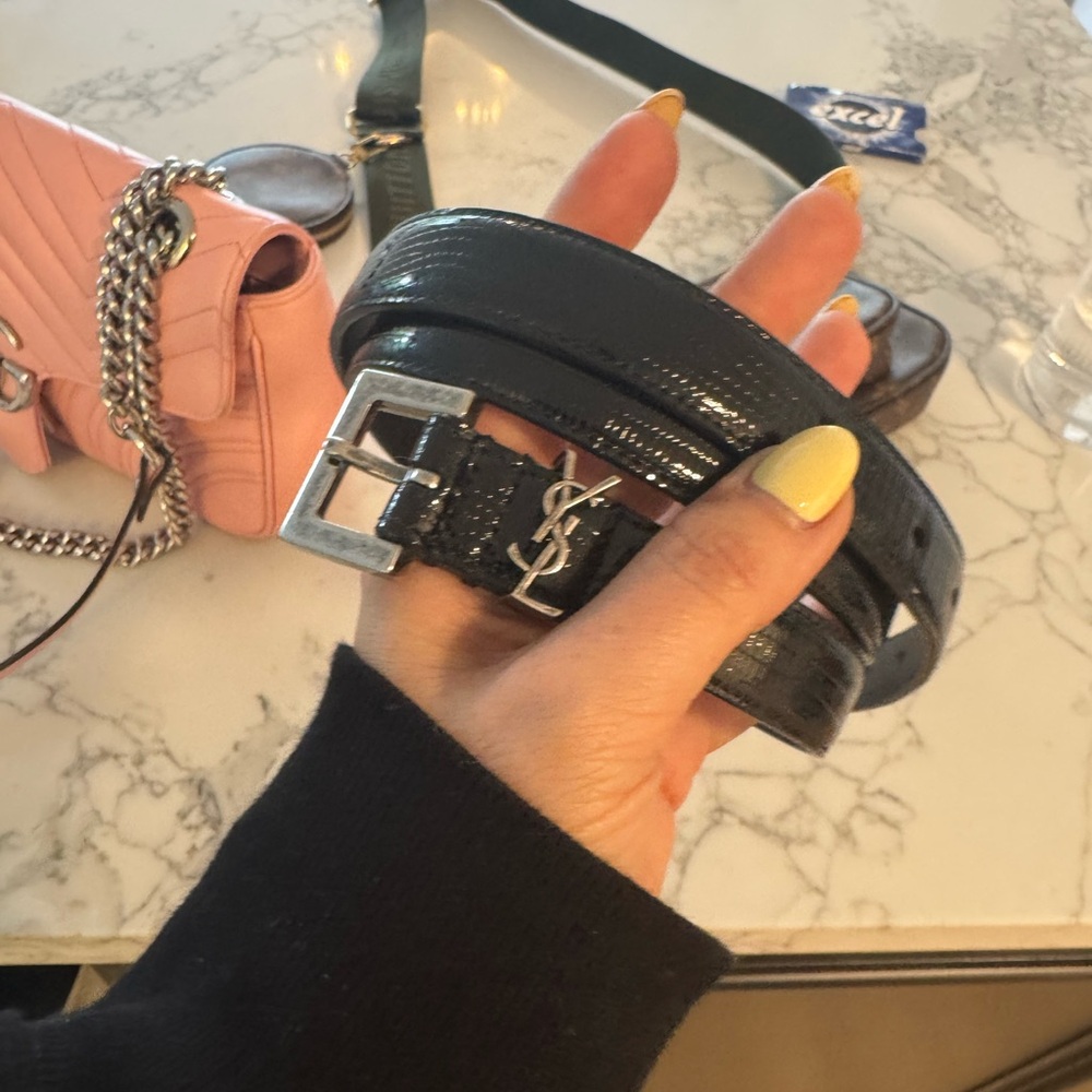 Saint Laurent Shiny Black Belt with Silver Buckle